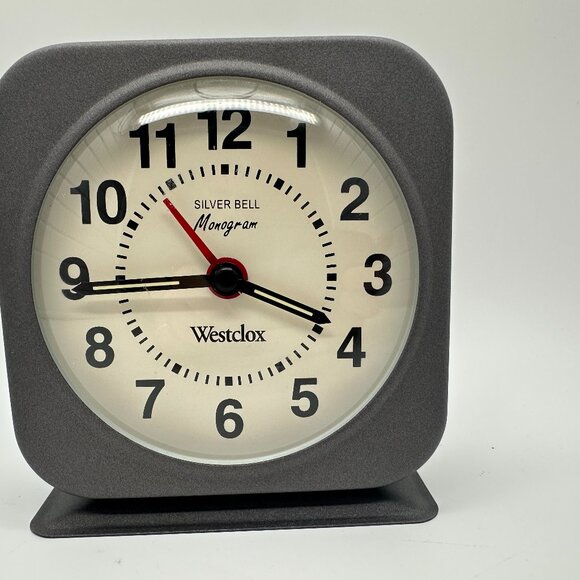 Westclox Silver Bell Monogram Wind-up Alarm Clock Gray White Face Works NOS Vtg - Picture 2 of 8